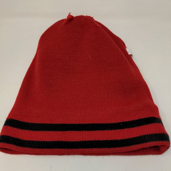 K&B Men's Knit Beanie Hat Cap Red Black Striped 100% Acrylic Pom Pom - Picture 8 of 11